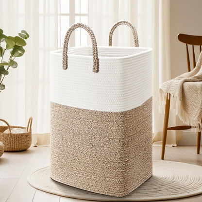 Woven Cotton Rope Laundry Basket with Twin Handles, 40L to 100L Sizes and Five Two-Tone Color Options
