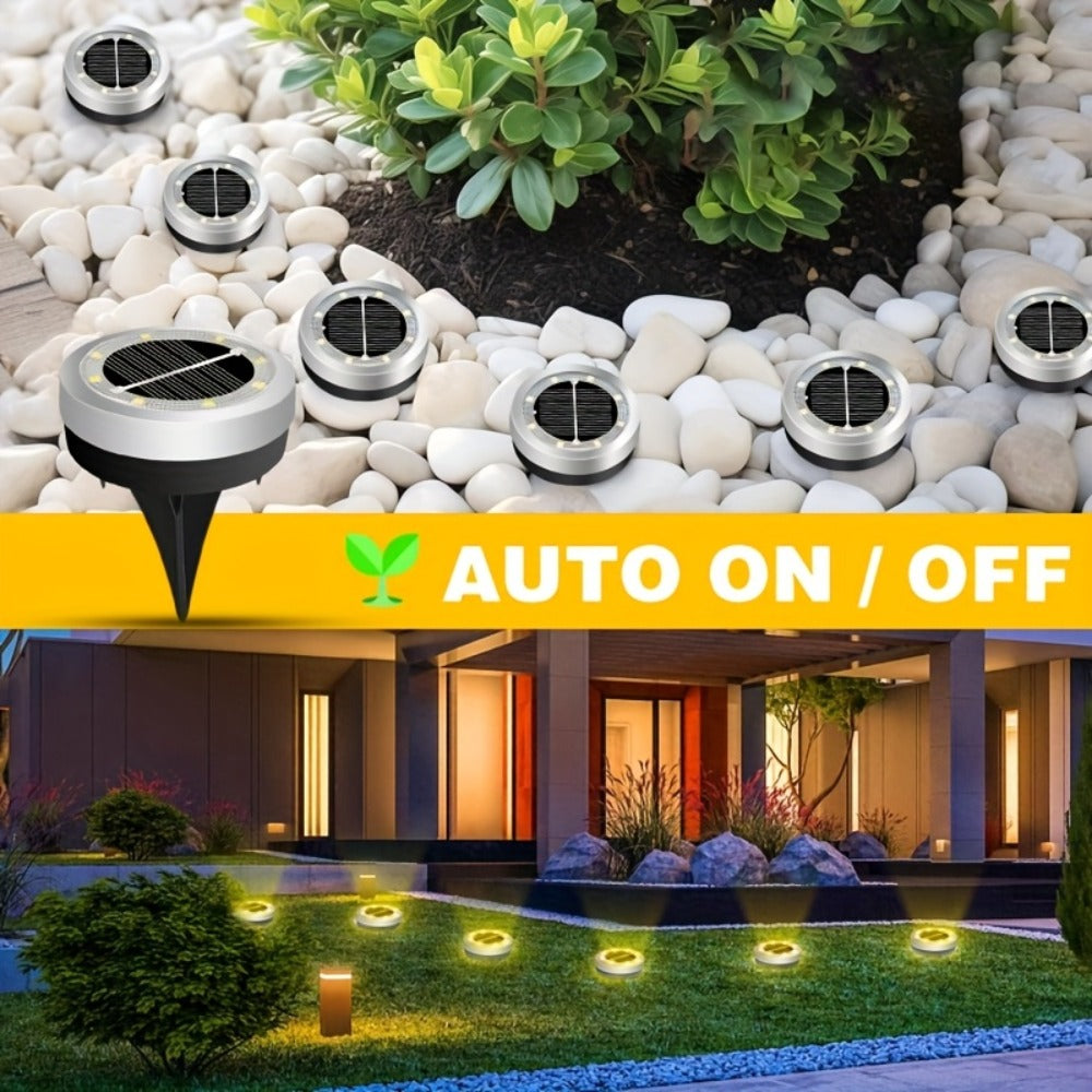 Solar Garden Light Ground Discs 8-Pack with 8 LEDs Each, Touch Dimming and Warm or Cool White Options