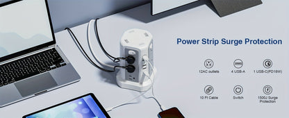 Surge Protector Power Strip Tower 17-in-1 with 12 AC Outlets, 4 USB-A, USB-C PD 18W and Four Group Switches