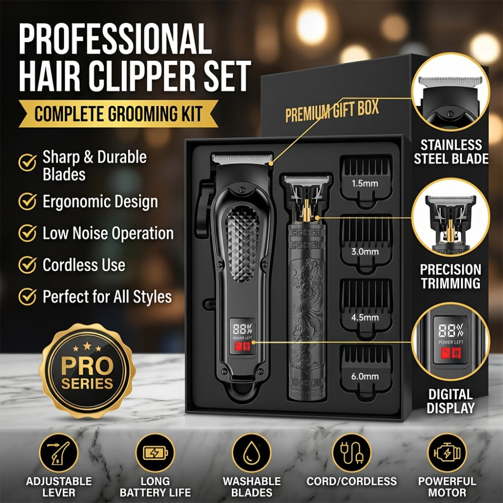 2-Piece Hair Clipper Set with Full-Size Clipper, Detail Trimmer, Guide Combs and USB Charging Accessories