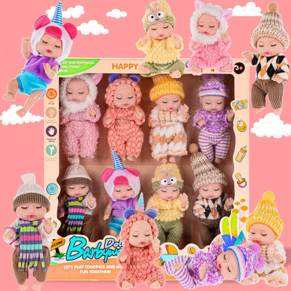 Eight Mini Baby Dolls with 4-Inch Checkout Size, Assorted Knit Animal Outfits and 10.24-Inch Display Box