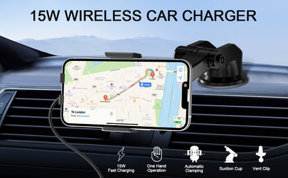 Infrared Auto-Sensing Car Phone Mount 10W Wireless Charging Auto-Lock Clamp Vent Clip Dashboard Suction 360° for iPhone 16 15 14 13 12, Samsung Galaxy S24 S23 S22, All Qi Devices – Black
