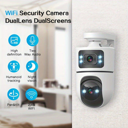 Dual Lens PTZ Outdoor Security Camera IP66 Weatherproof with Auto Tracking, Dual Screen, Night Vision, 2-Way Audio, Motion Detection & 2.4G WiFi – Wireless IP Cam for Home & Street Surveillance