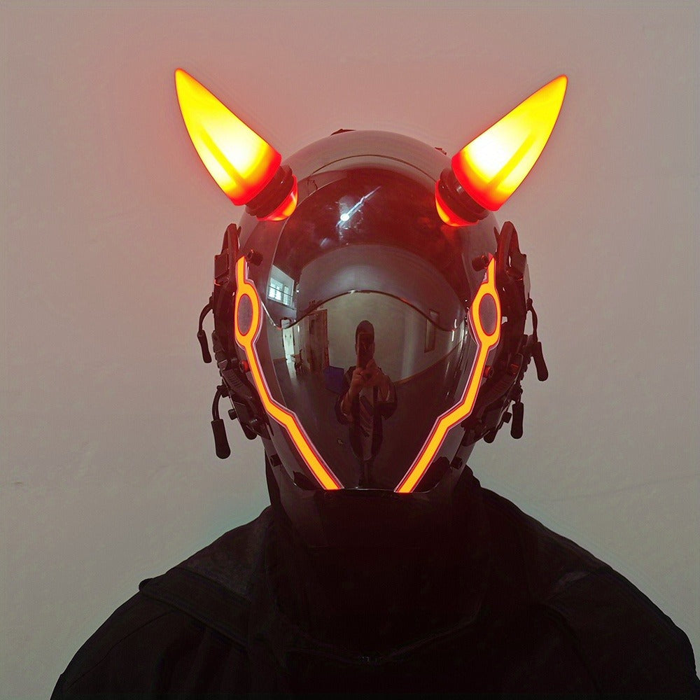 Pink LED Cyberpunk Costume Mask with Horned Full-Face Helmet, Reflective Visor and Lighted Accent Lines