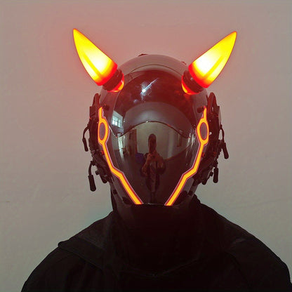 Pink LED Cyberpunk Costume Mask with Horned Full-Face Helmet, Reflective Visor and Lighted Accent Lines