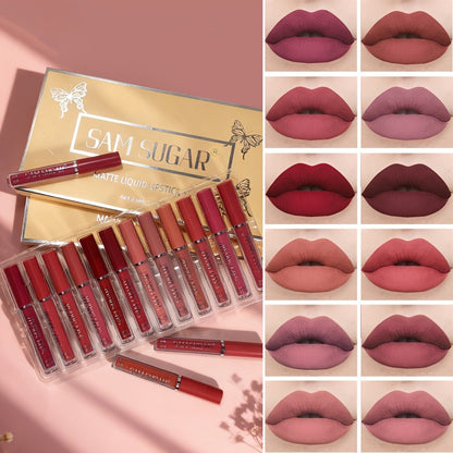 Lip Gloss Set by SAM SUGAR with 12 Matte Liquid Lip Colors, Numbered Shades and Presentation Box