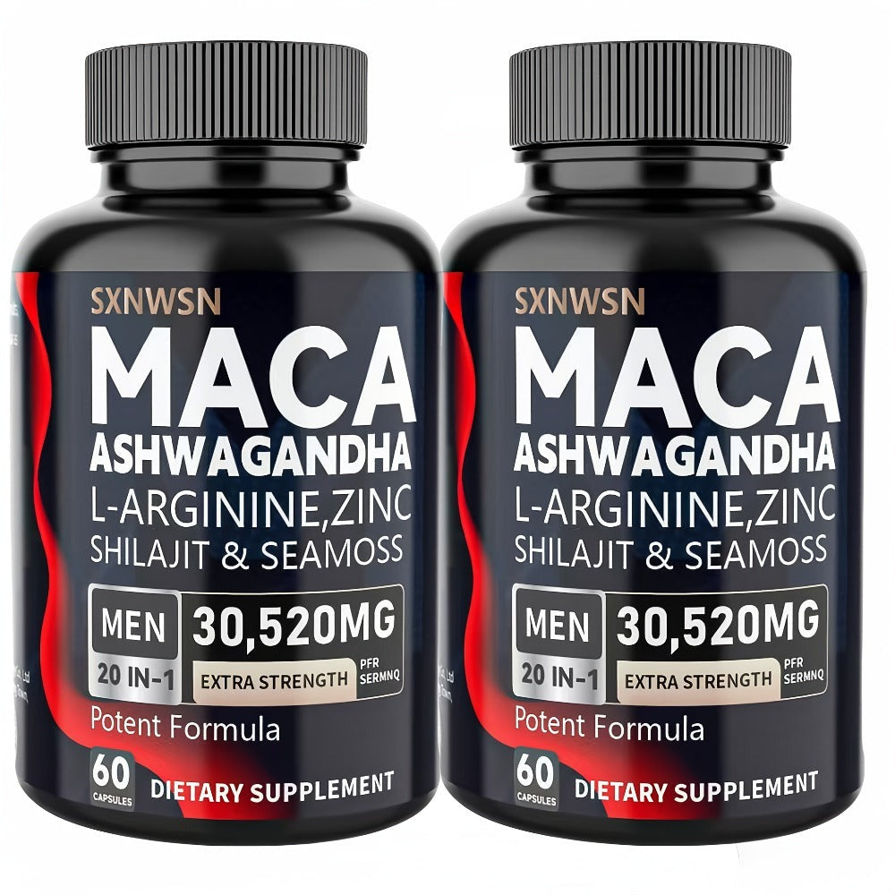 Dietary Supplement Capsules with SXNWSN Label, Sea Moss, Shilajit, Maca, L-Arginine and 60 or 120 Count