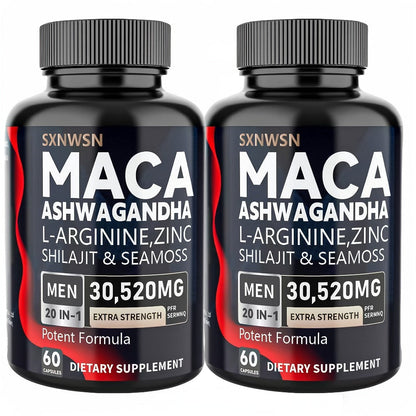 Dietary Supplement Capsules with SXNWSN Label, Sea Moss, Shilajit, Maca, L-Arginine and 60 or 120 Count
