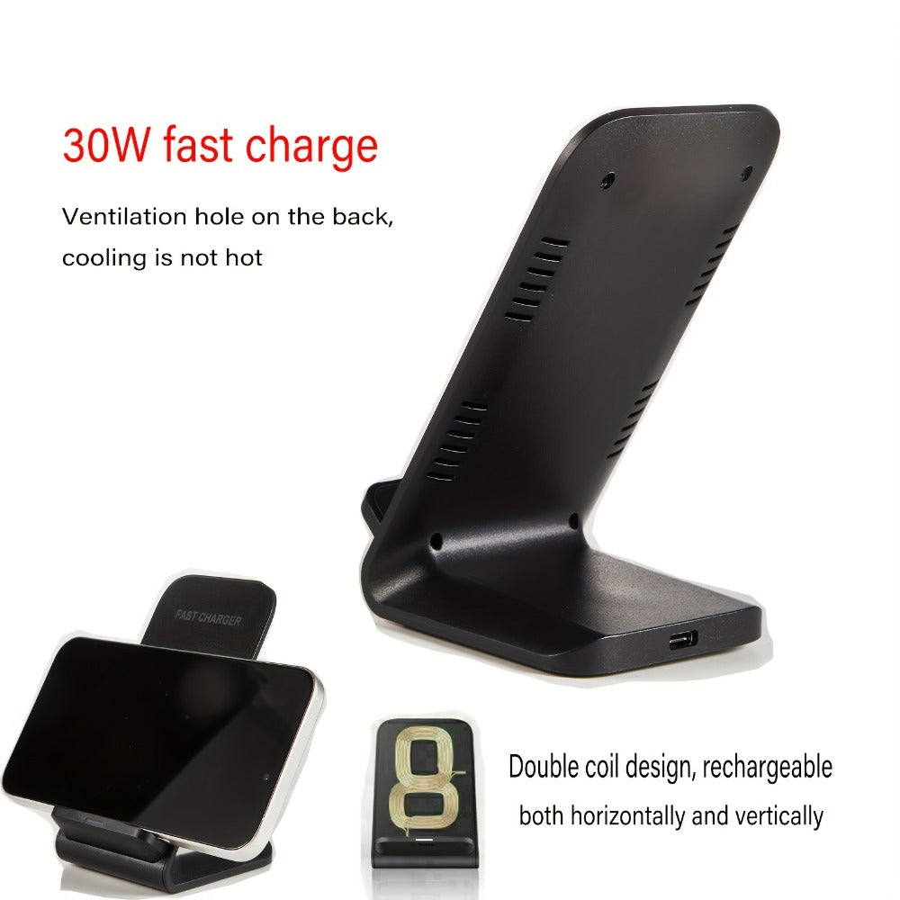 Black Dual-Coil Wireless Charging Stand with Vertical or Horizontal Support and 19 Device Labels