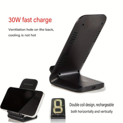 Black Dual-Coil Wireless Charging Stand with Vertical or Horizontal Support and 19 Device Labels