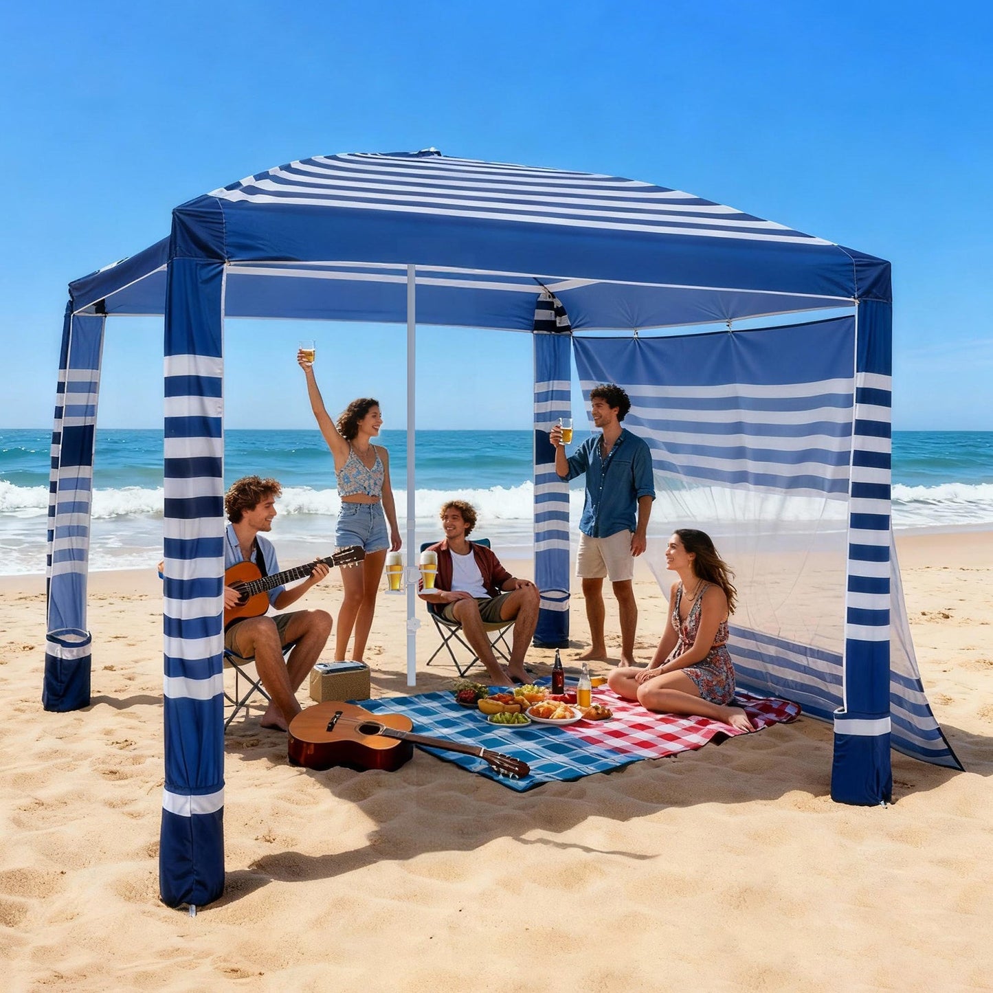 Beach Cabana 8x8ft UPF 50+ Adjustable Height Side Wall Navy Stripes