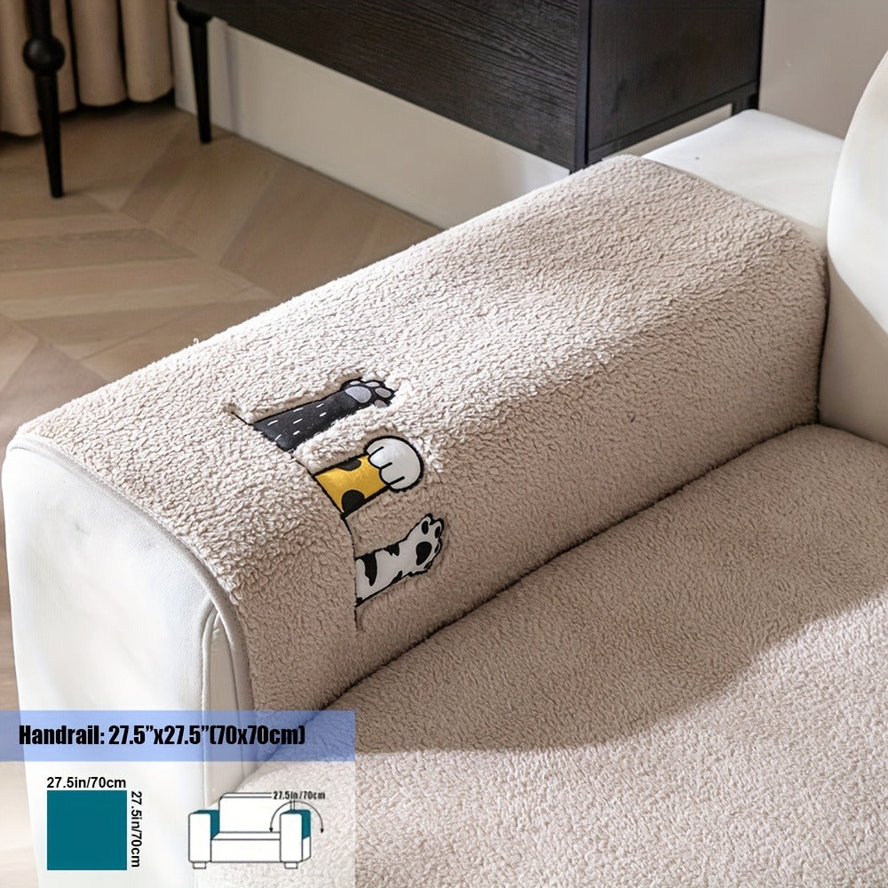Sofa Cover, Sherpa Plush Cat-Paw Embroidered Seat Pad with Non-Slip Backing in Four Colors and Seven Sizes