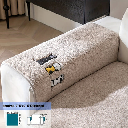 Sofa Cover, Sherpa Plush Cat-Paw Embroidered Seat Pad with Non-Slip Backing in Four Colors and Seven Sizes