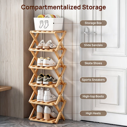 Foldable Bamboo-Labeled Shoe Rack with Six- or Eight-Tier Primary and Brown Checkout Options