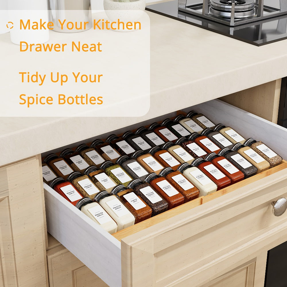 Bamboo Spice Drawer Organizer Expandable 4-Tier | Adjustable Width 12"-23" Fits 3" Deep Drawers | Space-Saving Kitchen Cabinet Seasoning Storage Tray for Spice Jars Bottles