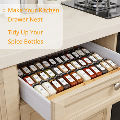 Bamboo Spice Drawer Organizer Expandable 4-Tier | Adjustable Width 12"-23" Fits 3" Deep Drawers | Space-Saving Kitchen Cabinet Seasoning Storage Tray for Spice Jars Bottles