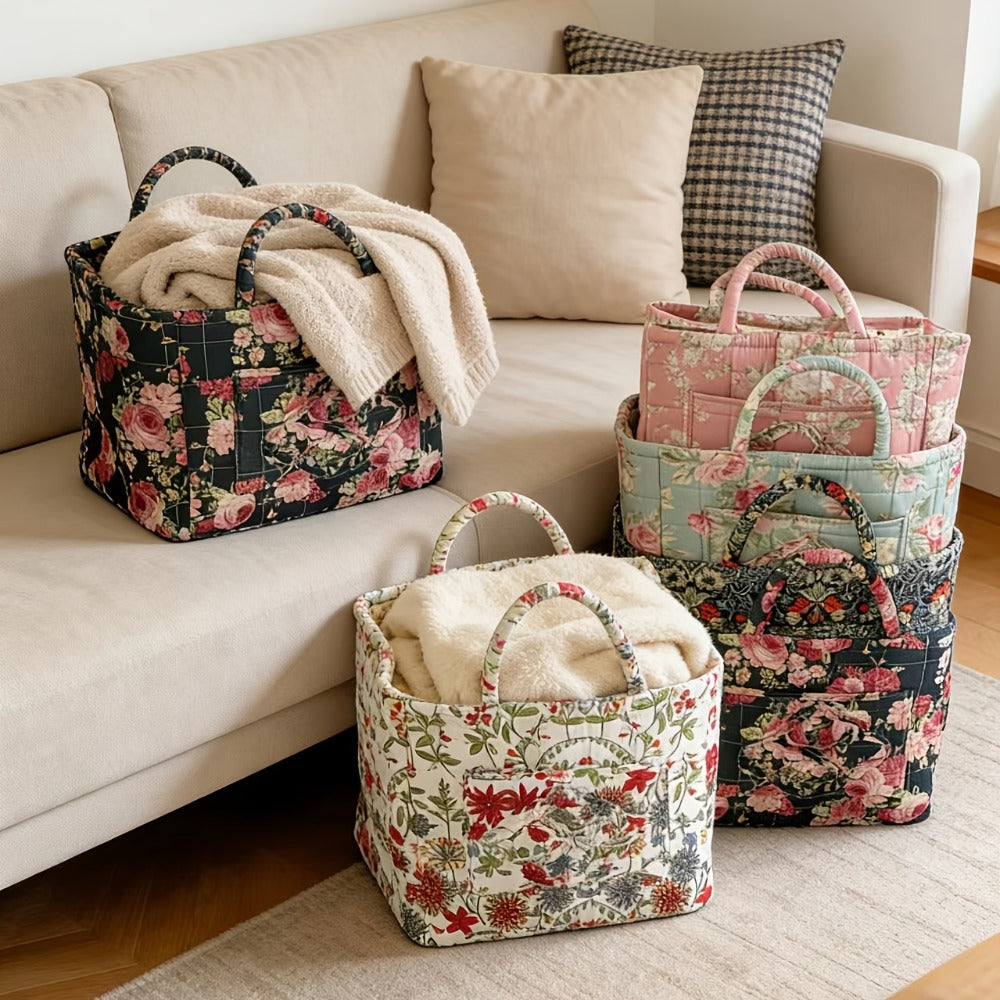 Quilted Floral Carry Storage Basket, Approximately 32 x 26 x 25cm with Two Padded Handles and Seven Patterns