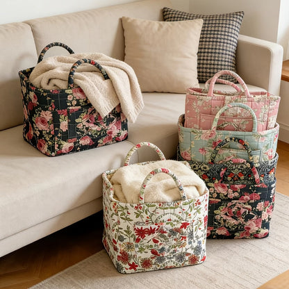 Quilted Floral Carry Storage Basket, Approximately 32 x 26 x 25cm with Two Padded Handles and Seven Patterns