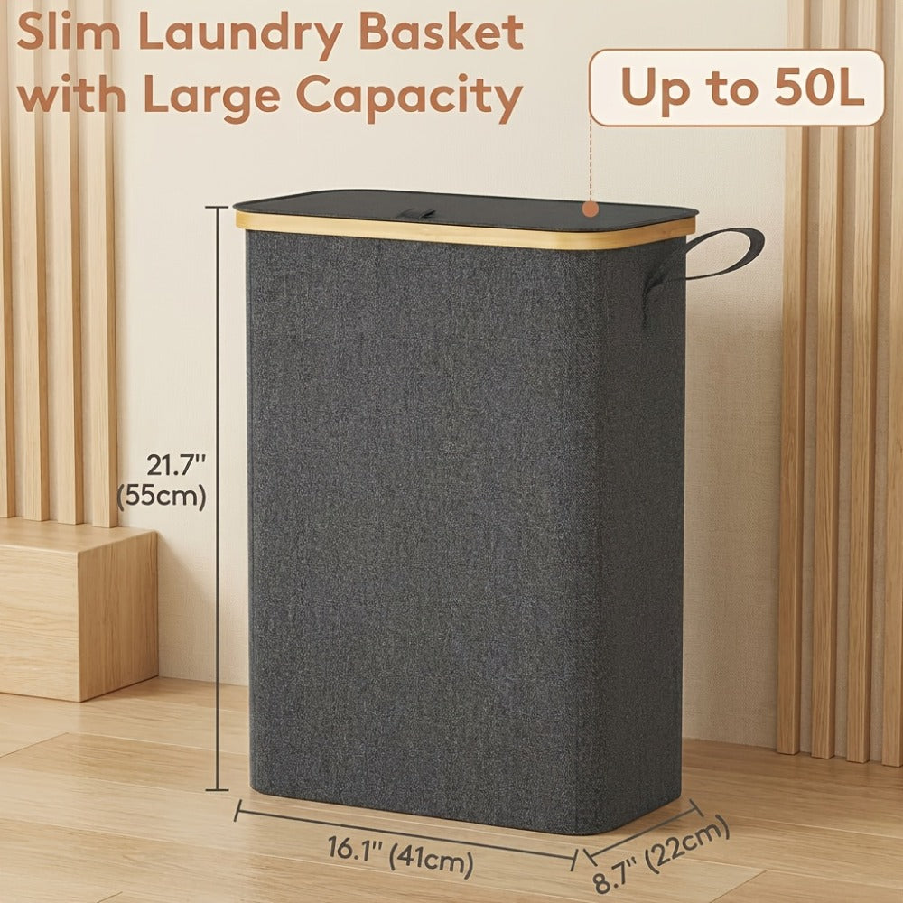 Slim Laundry Hamper with Lid & Removable Bag – Foldable Narrow Clothes Basket with Bamboo Handles for Bathroom, Bedroom & Dorm – 50L / 65L / 75L Space-Saving Collapsible Laundry Bin