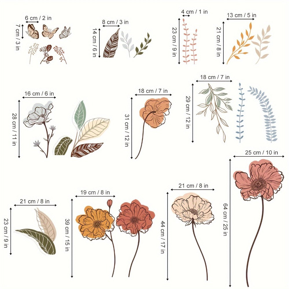 12-Piece Bohemian Wildflower Wall Sticker Set with Separate Floral Decals and 28.74 x 27.56 in Layout