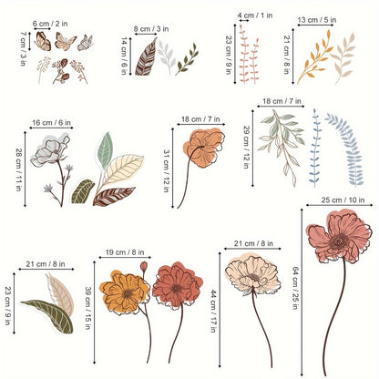 12-Piece Bohemian Wildflower Wall Sticker Set with Separate Floral Decals and 28.74 x 27.56 in Layout