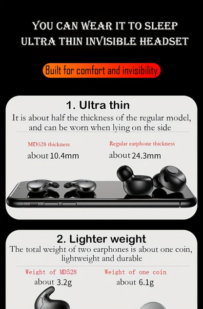 Bluetooth 5.3 Ultra-Thin Sleep Earbuds Invisible, Side Sleeping Special Small Ear Canal Mini Wireless Earphones, Comfortable In-Ear Invisible Design for Samsung Android iPhone Nighttime Relaxation Work