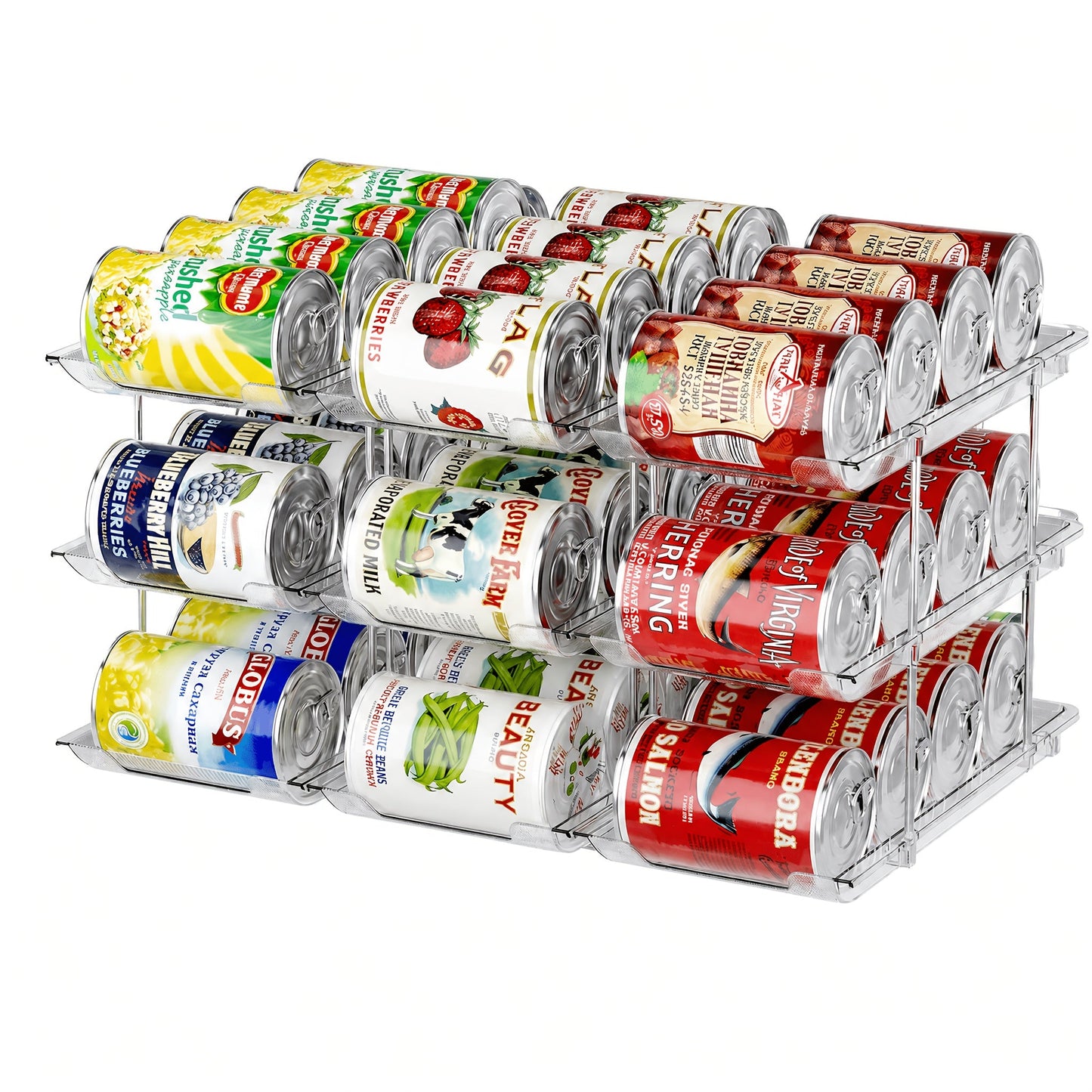 Can Storage Organizer 36-Can 3-Tier Auto-Rolling PET Rack with Tool-Free Assembly for Pantry Use