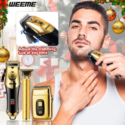 Professional Hair Clipper Set for Men – 3pcs Golden Cordless Kit with Beard Trimmer & T-Blade Trimmer, Hair Cutting & Styling Tools, Ideal Birthday & Father’s Day Gift for Men