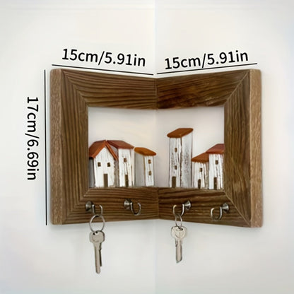 Wall Mounted Key Rack with Hooks - Rustic Wooden Key Holder with 6 House Hooks, Entryway Storage Organizer for Home Bedroom Wall Decor