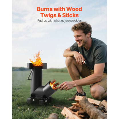 Black Wood-Burning Rocket Camping Stove with Cast-Iron Cooktop, Storage Bag and 12.96-Pound Weight