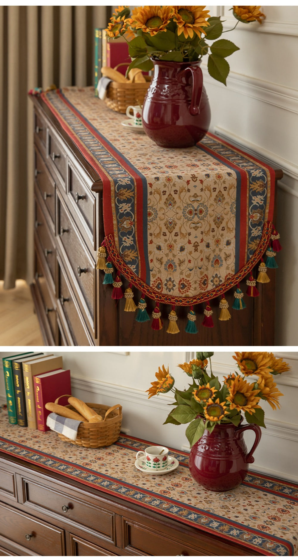 Tasseled Floral Table Runner with 15.75-Inch Width and Three Length Options for Dining Tables