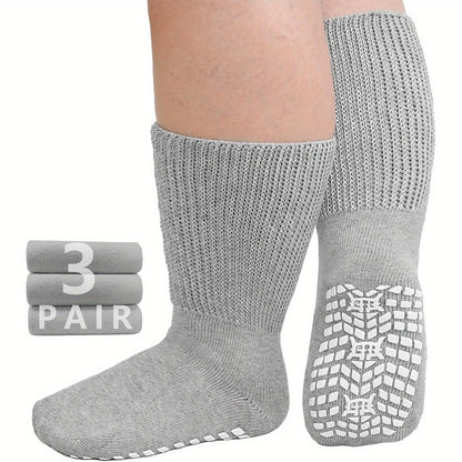 3-Pair Grippy-Sole Wide Sock Set for Adults in Black, White or Grey with 9-13 and 13-15 Size Options