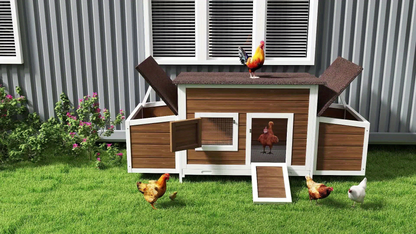 Wooden Hen House with 67in Frame, Two Nest Boxes, Ramp and Gray or Brown Two-Tone Outdoor Finish