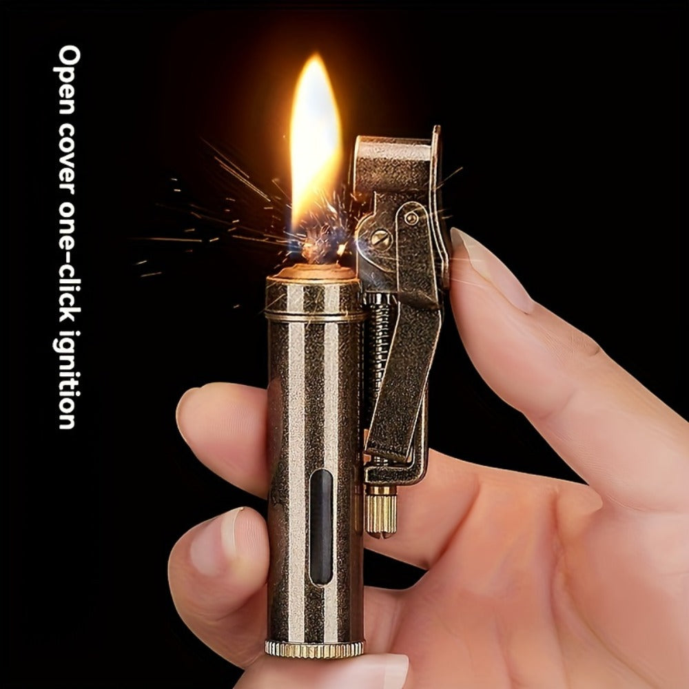 Retro Copper Kerosene Lighter – Pure Copper Vintage Flip Top One-Click Ignition Lighter, Nostalgic Personality Design, Windproof Refillable Kerosene Lighter, Unique Gift for Men Friends (Kerosene Not Included)
