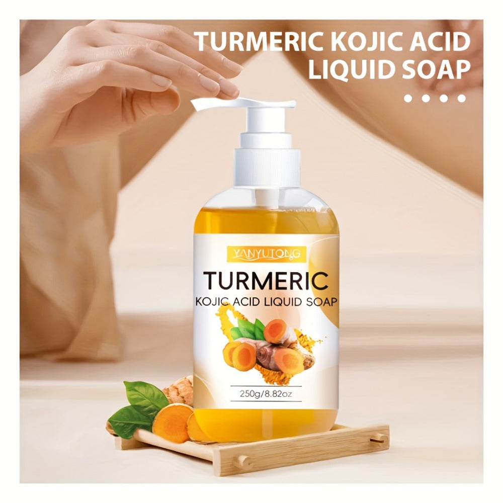 Turmeric and Kojic Acid Liquid Body Wash in a 250g Amber Pump Bottle with Single-Piece Option