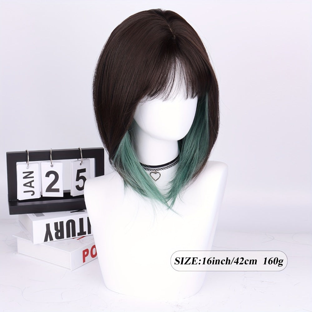 Synthetic Wig 16-Inch Straight Ombre Bob with Bangs, 150% Density and Rose Net Cap for Festivals