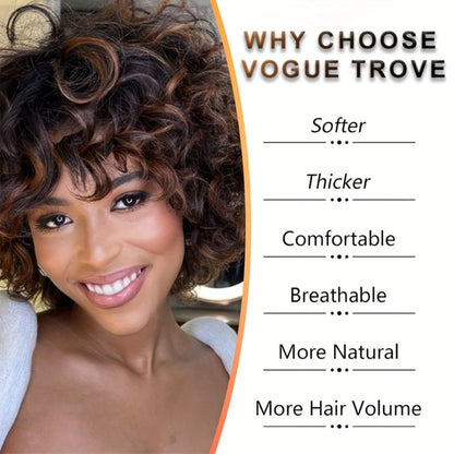 Kinky Curly Afro Wig with Bangs 14 Inch Synthetic Ombre 2 Tone Black Brown Golden Natural Volume | Daily Wear Hair Replacement Wig for Black Women