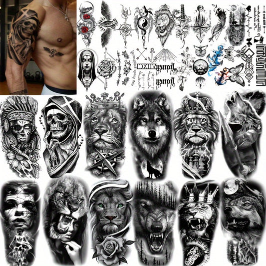 Temporary Tattoos, 32-Sheet Black Animal and Tribal Set with Wolf, Lion, Tiger, Skull and Rose Designs