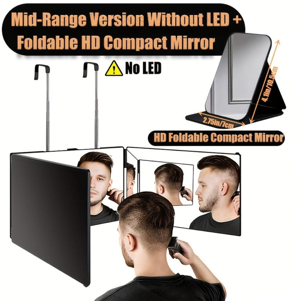 3 Way Mirror for Self Hair Cutting with LED Lights, 360° View Anti-Fog HD Glass USB Rechargeable Folding Barber Mirror for Home Salon