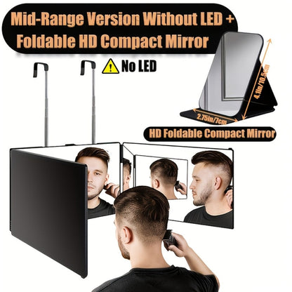 3 Way Mirror for Self Hair Cutting with LED Lights, 360° View Anti-Fog HD Glass USB Rechargeable Folding Barber Mirror for Home Salon