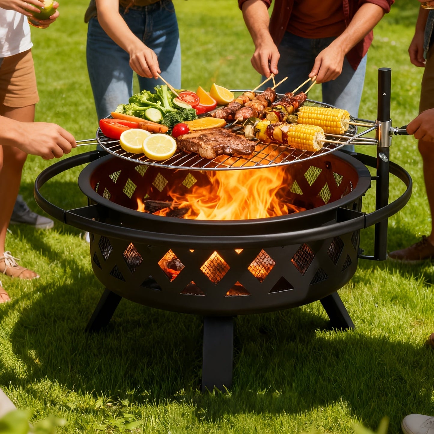 30-Inch Steel Wood-Burning Fire Pit with Grill Grate, Mesh Spark Screen, Poker and Diamond-Cut Bowl Design