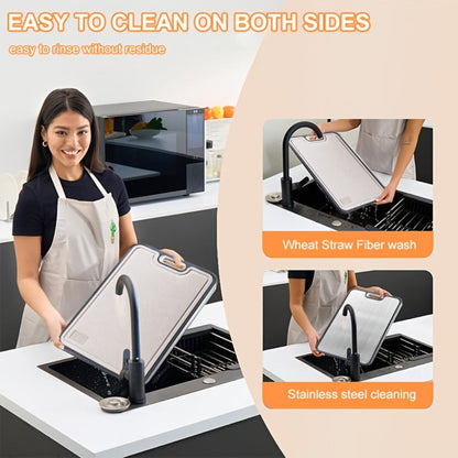 Large Cutting Board for Kitchen – Double Sided Food Grade Stainless Steel & Wheat Straw PP, Non-Slip, Easy to Clean, 16 x 11 Inch Heavy Duty Chopping Board