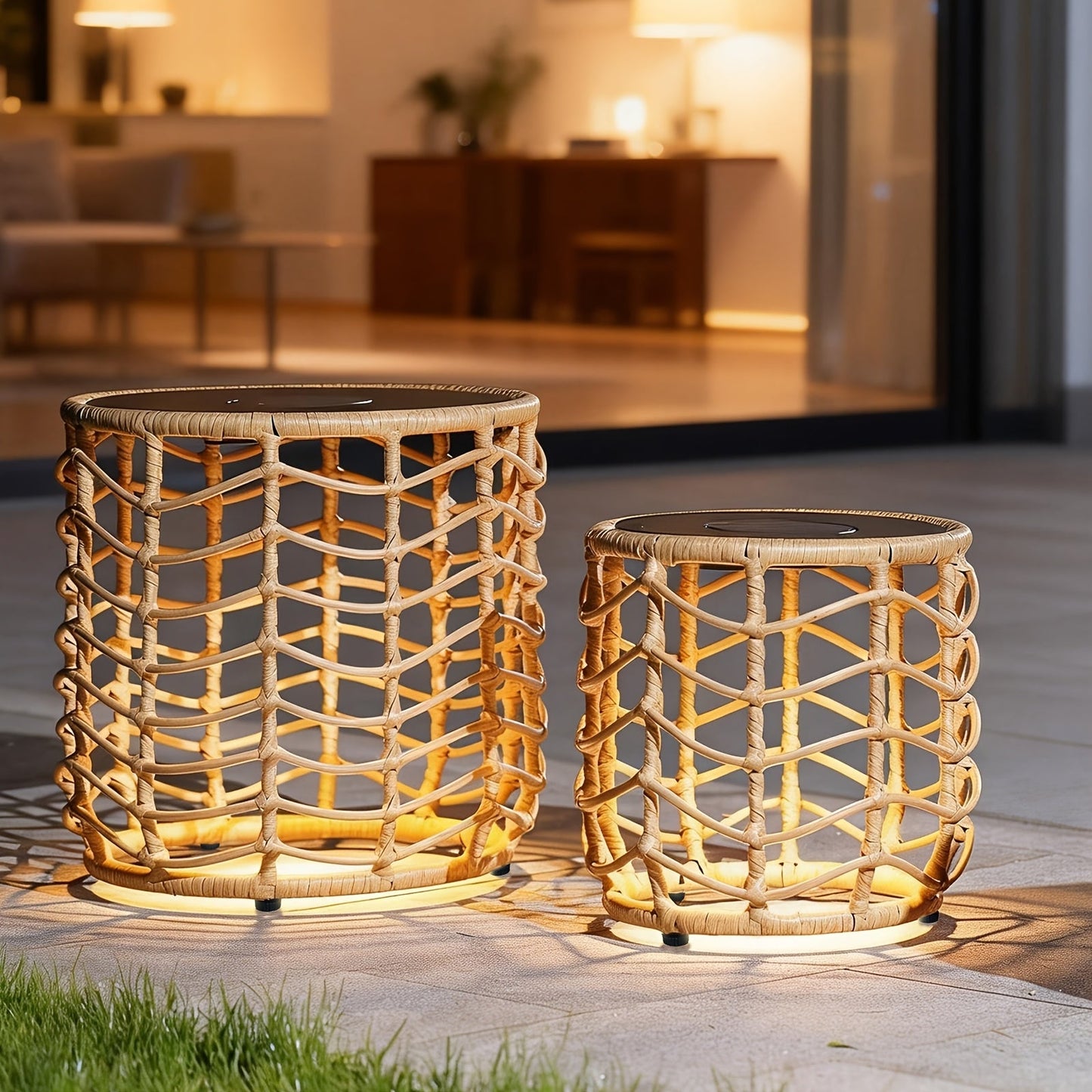 Outdoor Side Table Set of 2 Nesting PE Wicker Frames with Tempered Glass Tops for Patio or Balcony Layouts