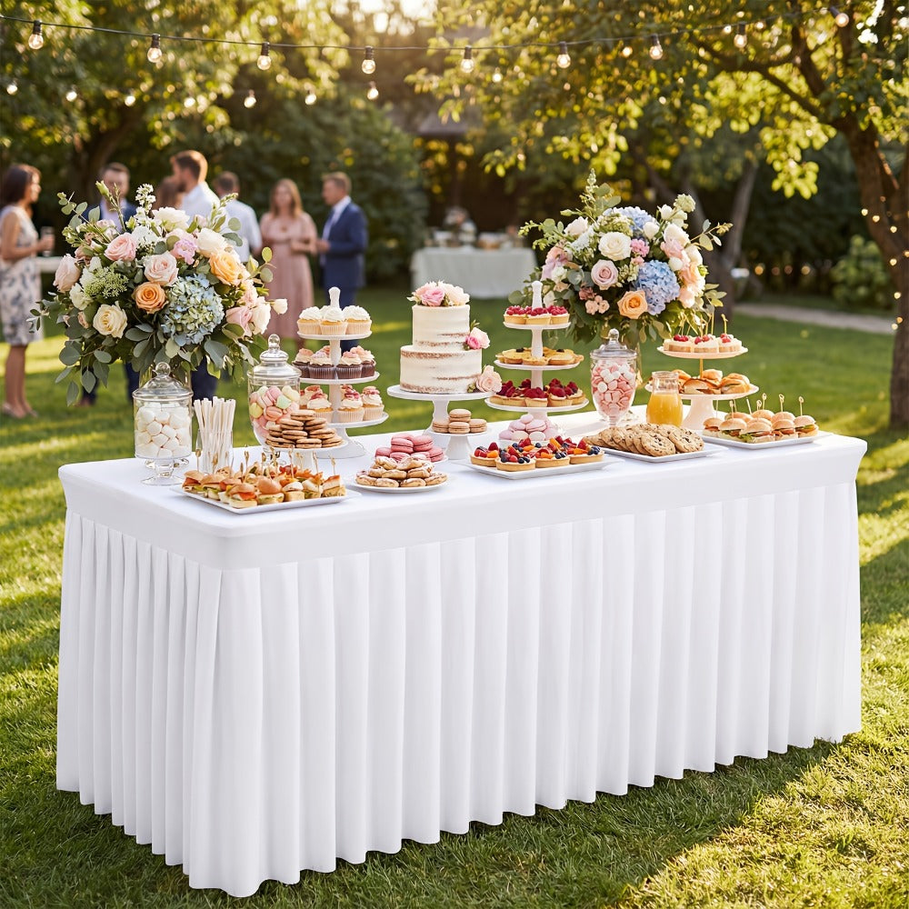 Pleated Rectangle Table Skirts in Black or White with One-, Two- or Four-Piece and Four-Foot Options