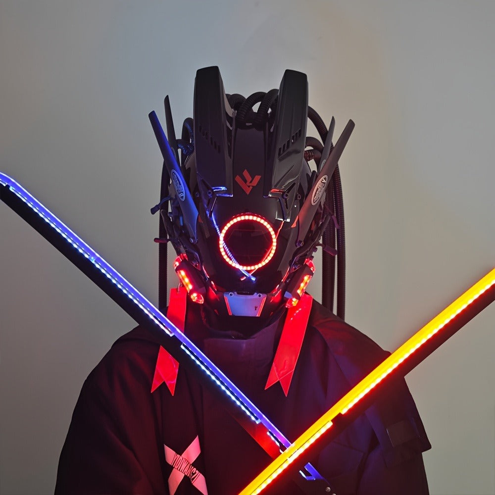 LED Braided Cyberpunk Costume Helmet with Circular Face Light and Blue, Green or Pink Accent Styles