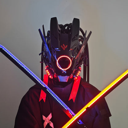 LED Braided Cyberpunk Costume Helmet with Circular Face Light and Blue, Green or Pink Accent Styles