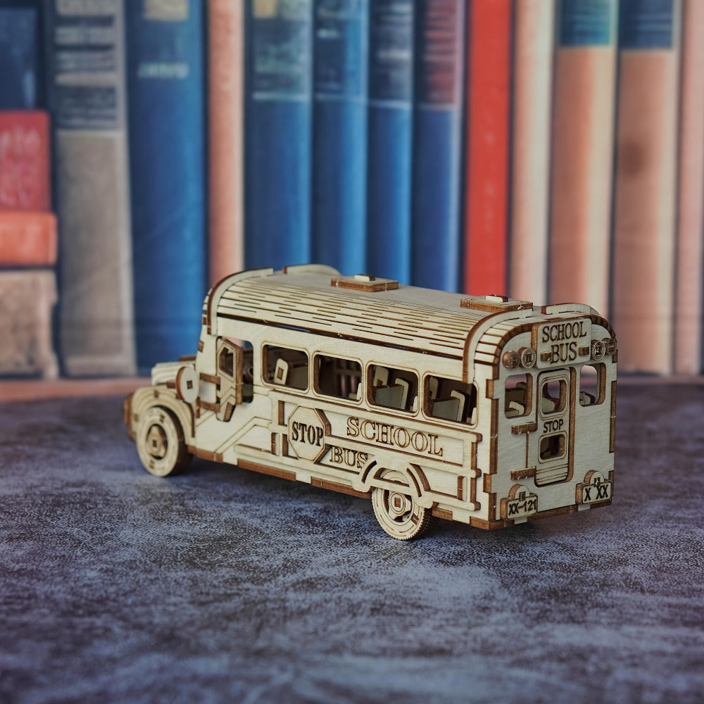 Wooden School Bus Model Kit with Laser-Cut Panels, Rolling Wheels and 20.5 cm Display Length
