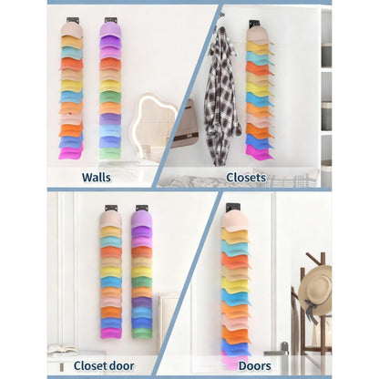 Hat Organizer Wall Mounted 2-Pack, 24-Cap Capacity Storage Hooks, Adhesive or Drill Install, Closet Entryway Bedroom Hat Rack, Durable Polypropylene, Space-Saving Vertical Display