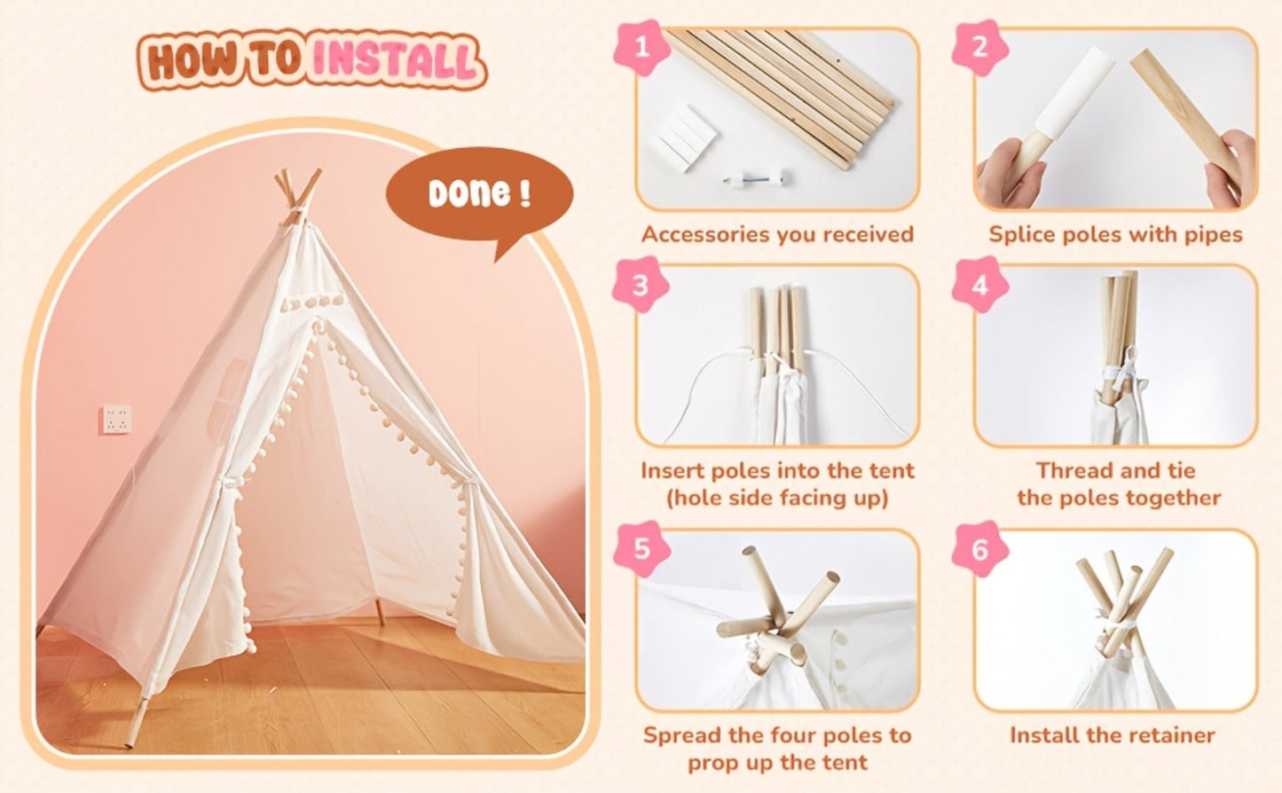 Kids Teepee Play Tent with 140 x 120cm Frame, White, Blue, Pink or Star Fabric Options and No Sitting Mat