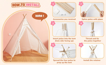 Kids Teepee Play Tent with 140 x 120cm Frame, White, Blue, Pink or Star Fabric Options and No Sitting Mat